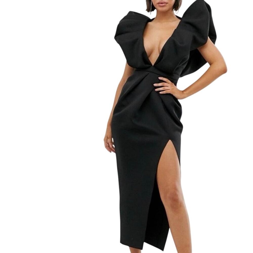 Mable midi dress with ruffle shoulder detail and side split size L